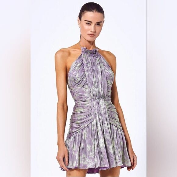 Alexis Leina Halter Mini Dress Size S in Lilac Purple and Green Poly Blend NWT - Picture 1 of 8